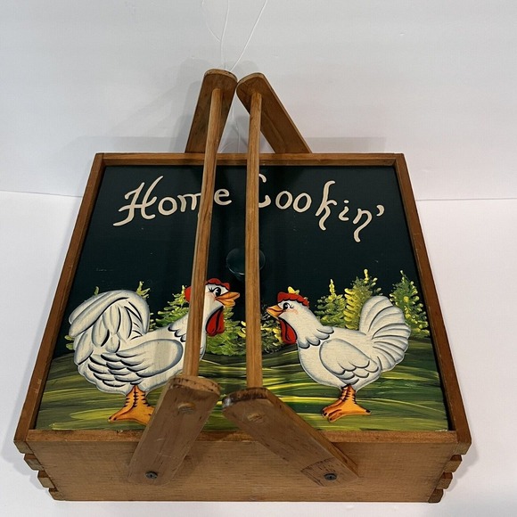 VTG Wooden Hand Painted Kitchen Pie Box w/ Handles & Lid Folk Art Cottage Picnic - Picture 1 of 11